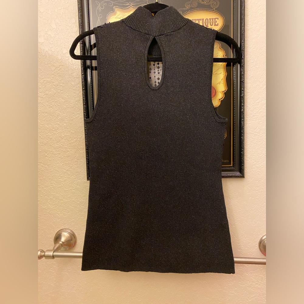 Cable & Gauge black dressy top with mesh and sequin neckline. Keyhole back. NWT - Picture 2 of 4